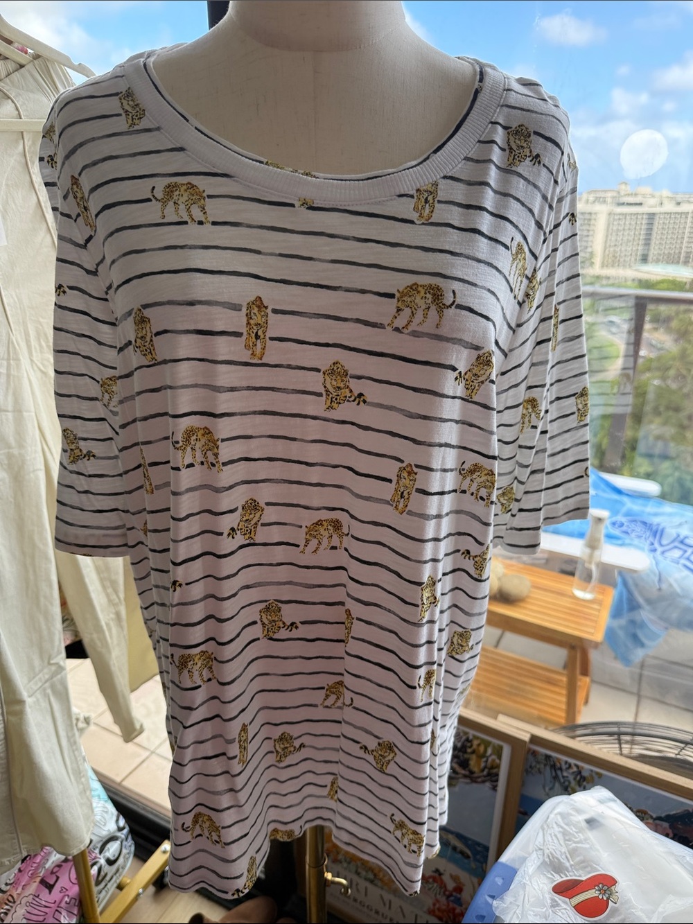 Chico's White Striped Tee with Gold Leopard Motif